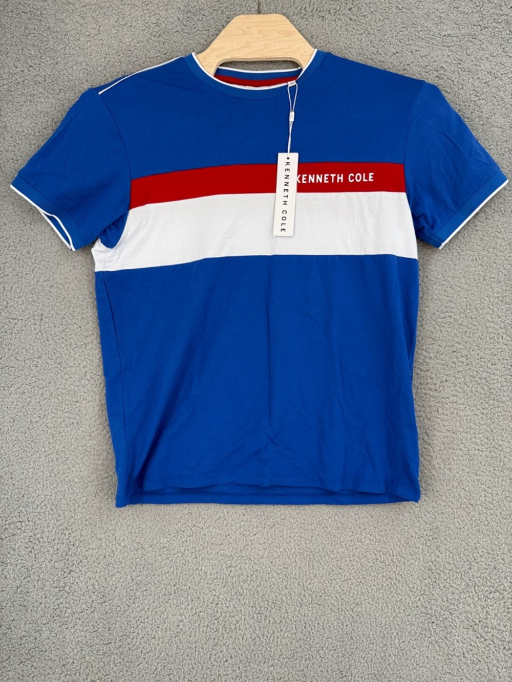 Kenneth Cole Mens Large crew neck short sleeve shirt Blue & Red pullover stretch